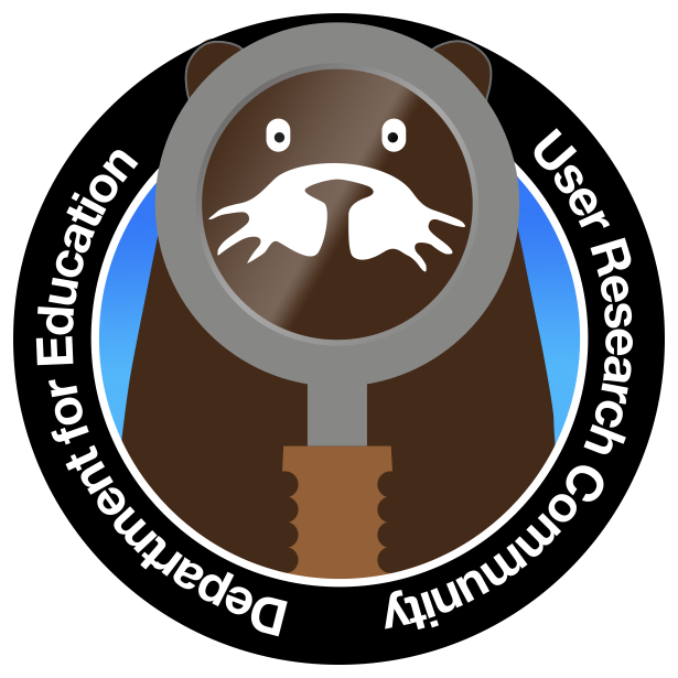 Badge showing an otter with a magnifying glass, surrounded by the words 'Department for Education User Research Community'